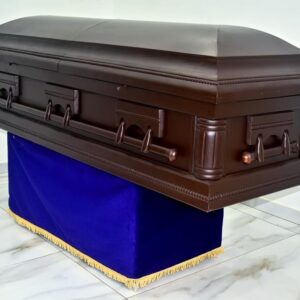 Dark matt doom casket with wooden swing handles