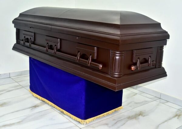 Dark matt doom casket with wooden swing handles