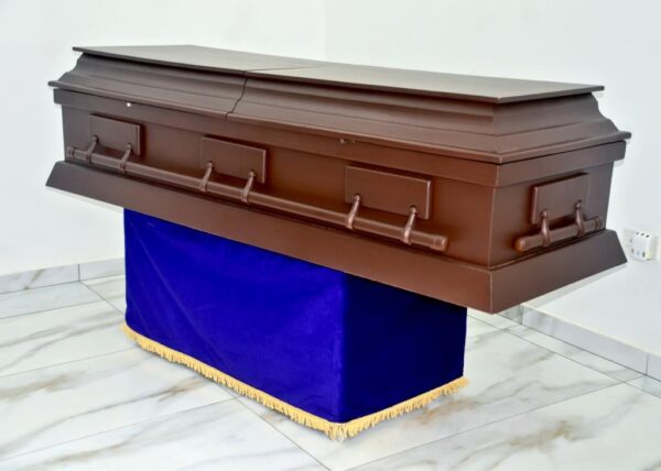 Dark matt graduation casket with wooden swing handles