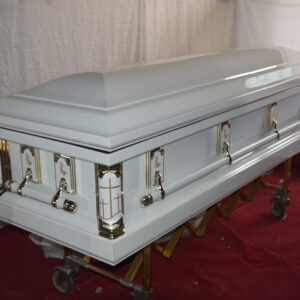 White steel casket with swing handles
