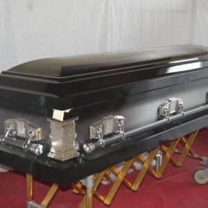 Black steel casket with silver swing accessories
