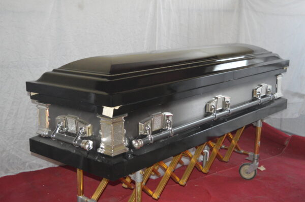 Black steel casket with silver swing accessories