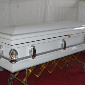 White steel casket with silver stationary handles
