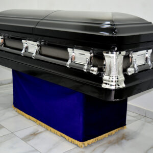 Black finished steel casket with swing handles (corner corner)