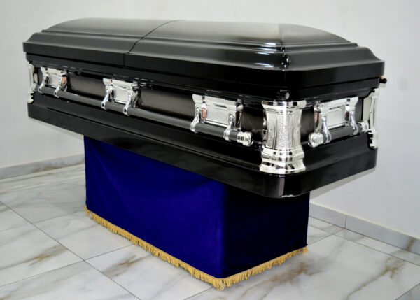 Black finished steel casket with swing handles (corner corner)