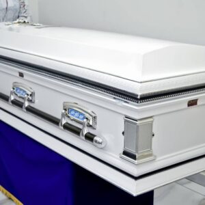 White sprayed imperial casket with silver swing accessories