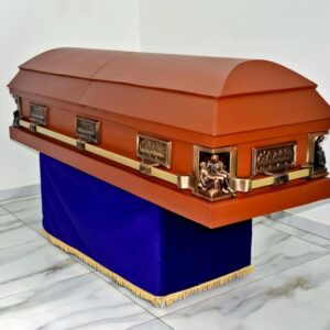 Matt finished doom casket with gold stationary handles (last supper)