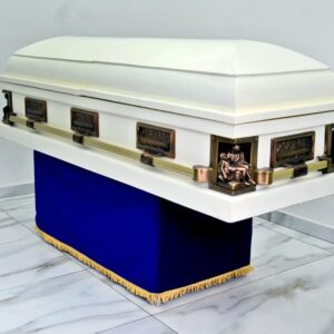 White sprayed doom casket with gold stationary handles (last supper)