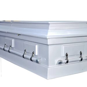 White sprayed graduation casket with wooden swing handles