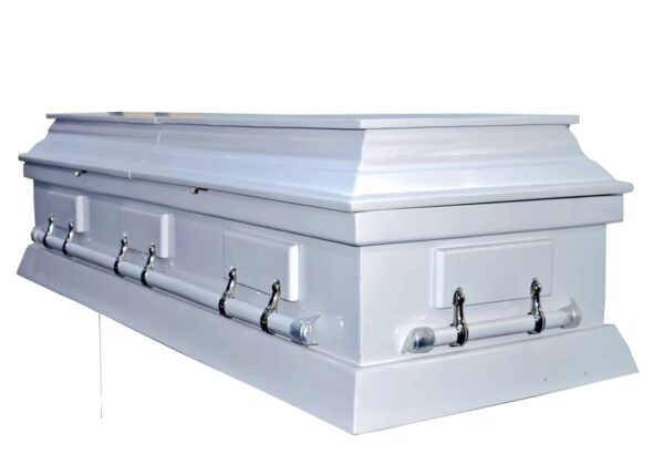 White sprayed graduation casket with wooden swing handles